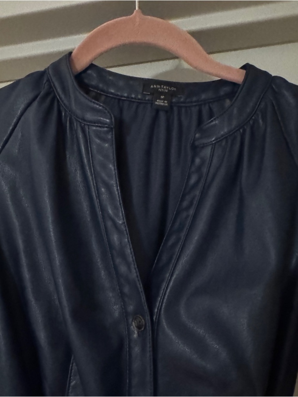 Ann Taylor Navy Button-Front Faux Leather Midi Dress with Tie Belt - Picture 4 of 6